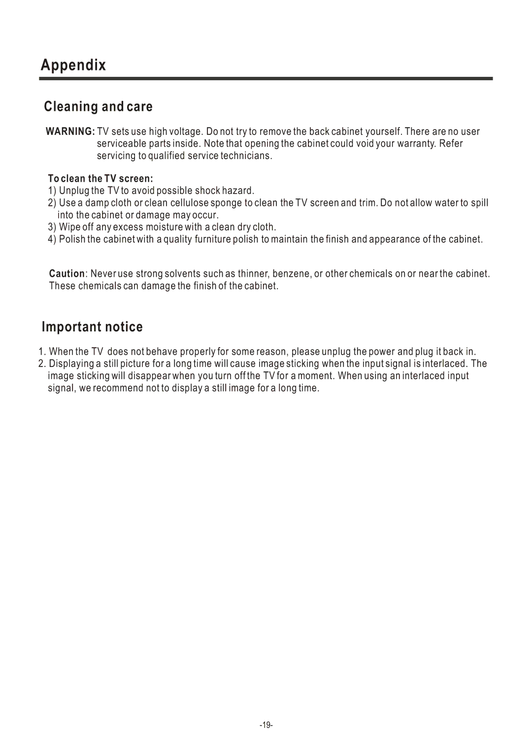 Hisense Group LCD2004US user manual Appendix, Cleaning and care, Important notice 