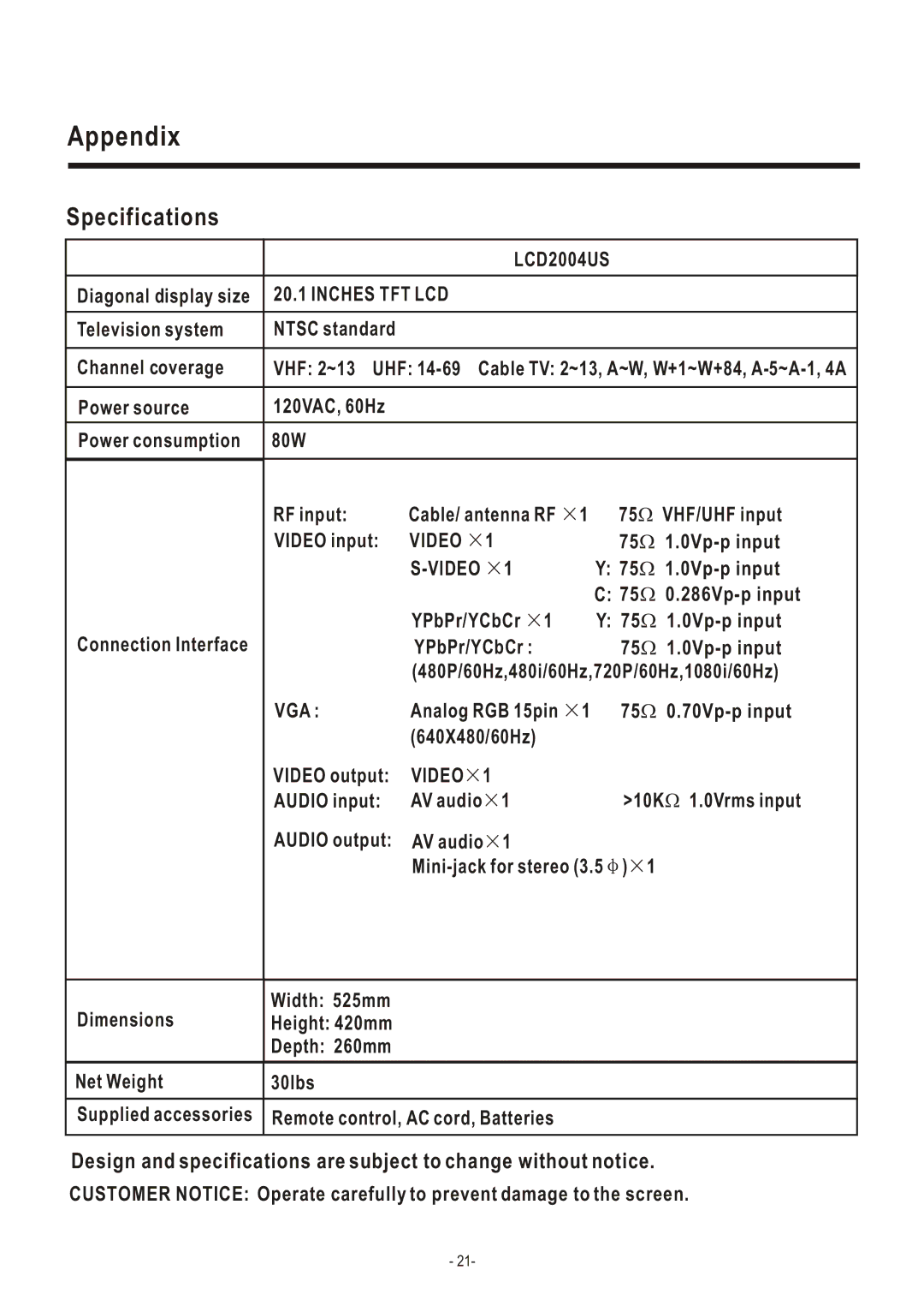 Hisense Group LCD2004US user manual Specifications, Inches TFT LCD 