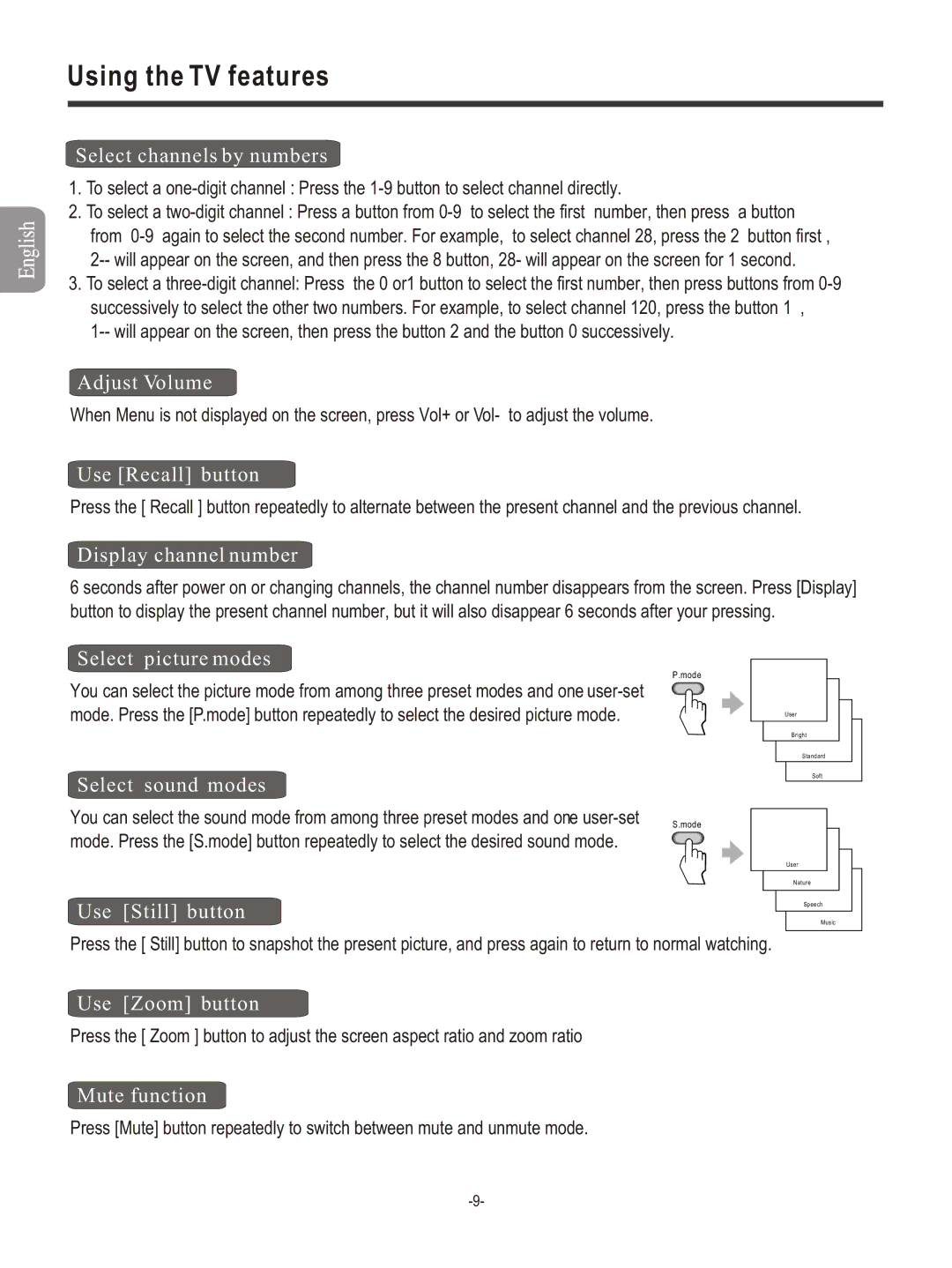 Hisense Group PDP4211EU manual Select channels by numbers, Adjust Volume, Use Recall button, Display channel number 