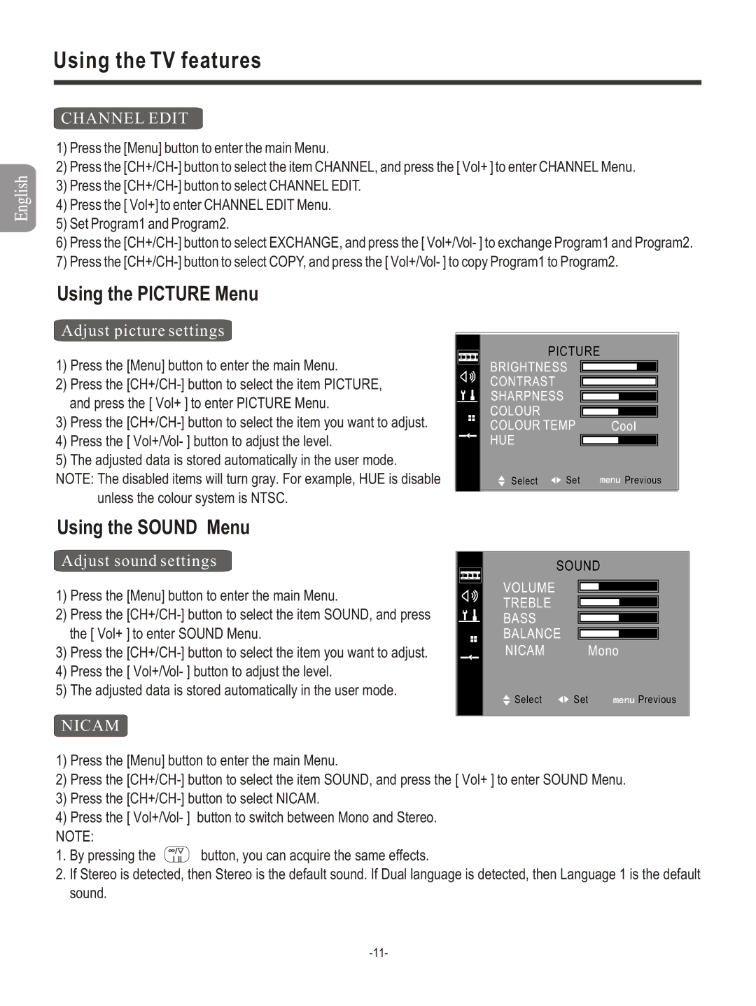 Hisense Group PDP4211EU manual Using the Picture Menu, Using the Sound Menu, Channel Edit, Nicam 