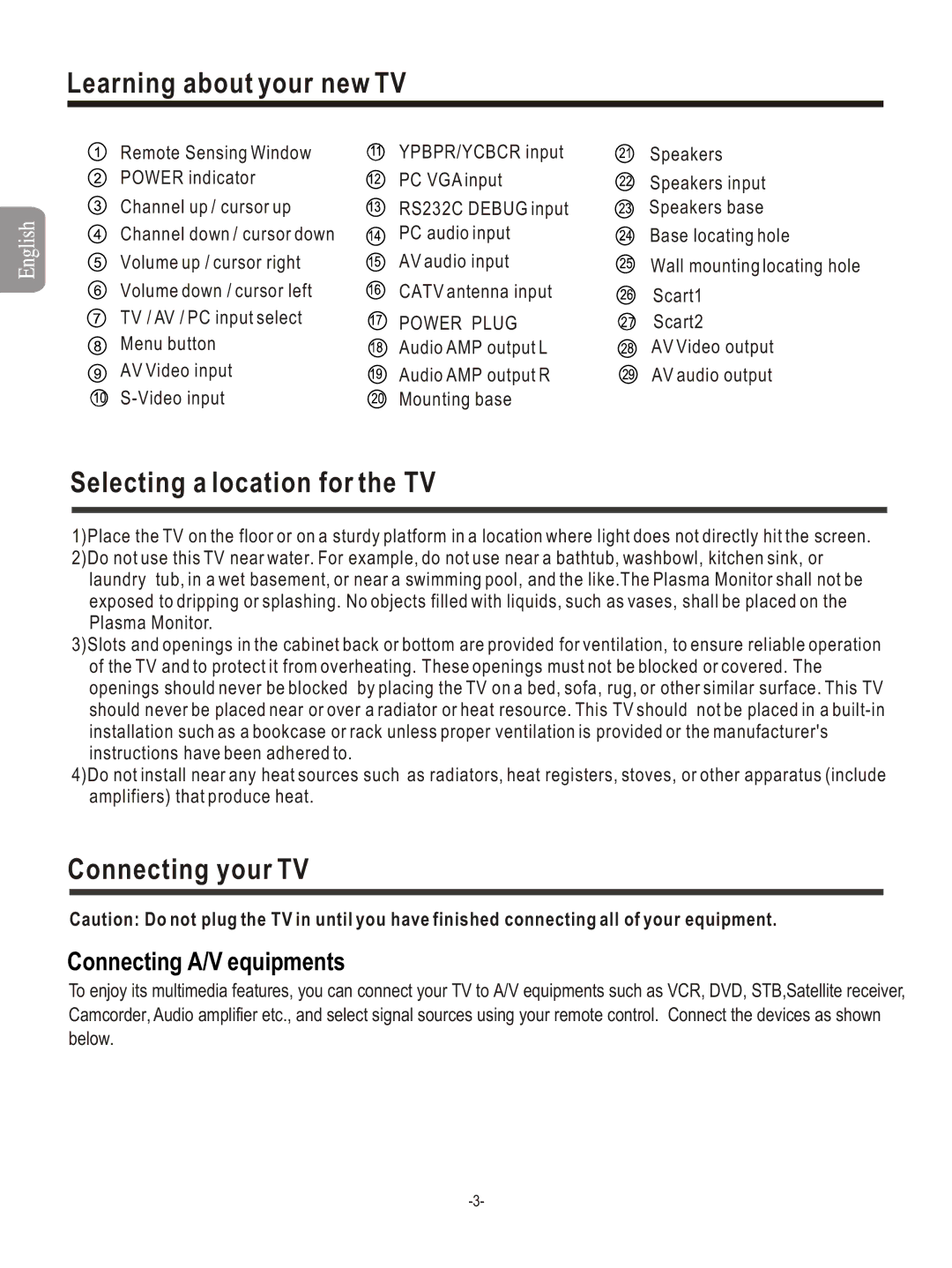 Hisense Group PDP4211EU manual Selecting a location for the TV, Connecting your TV, Connecting A/V equipments 