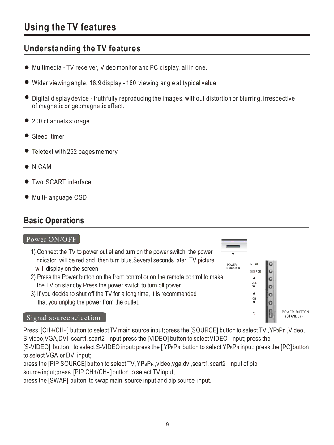 Hisense Group PDP4220EU user manual Using the TV features, Understanding the TV features, Basic Operations, Power ON/OFF 