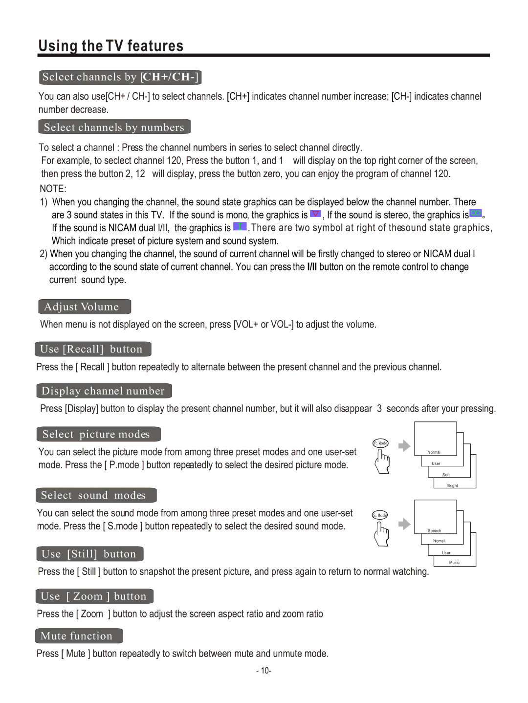 Hisense Group PDP4220EU user manual Select channels by CH+/CH, Select channels by numbers, Adjust Volume, Use Recall button 