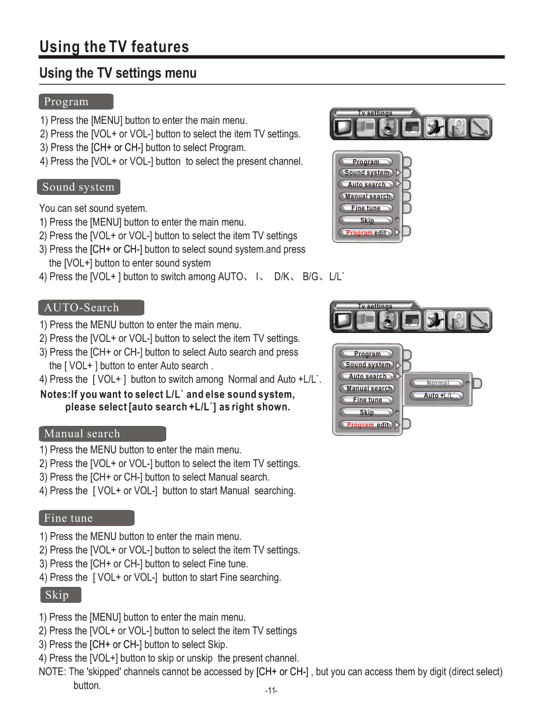 Hisense Group PDP4220EU user manual Using the TV settings menu 