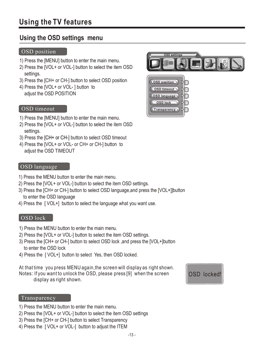 Hisense Group PDP4220EU user manual OSD position, OSD timeout, OSD lock, Transparency 