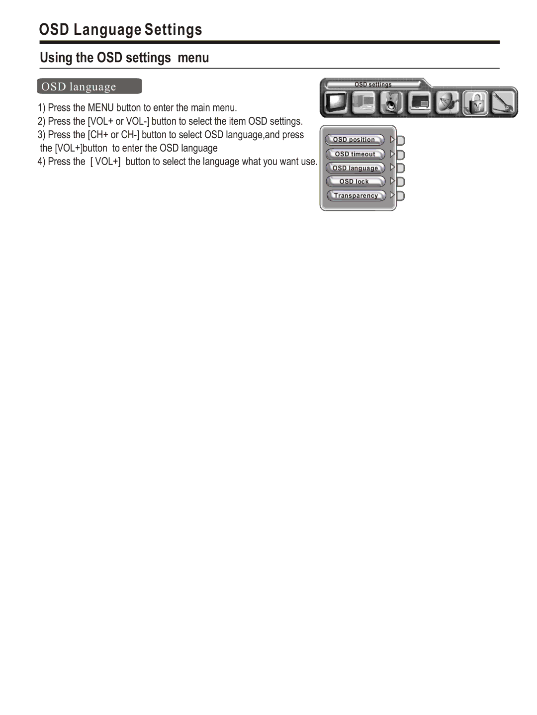 Hisense Group PDP4220EU user manual OSD Language Settings, Using the OSD settings menu, OSD language 