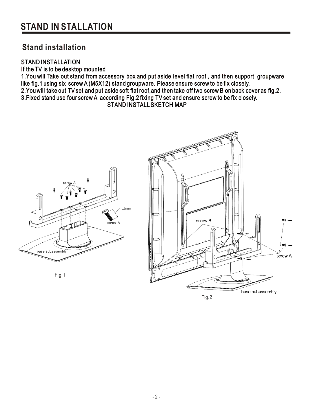 Hisense Group PDP4220EU user manual Stand in Stallation, Stand installation 