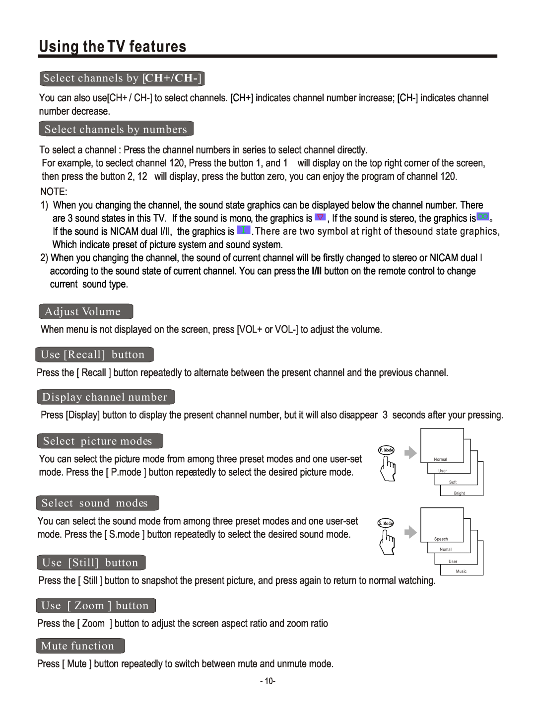 Hisense Group PDP4220EU user manual Using the TV features, Select channels by CH+/CH 