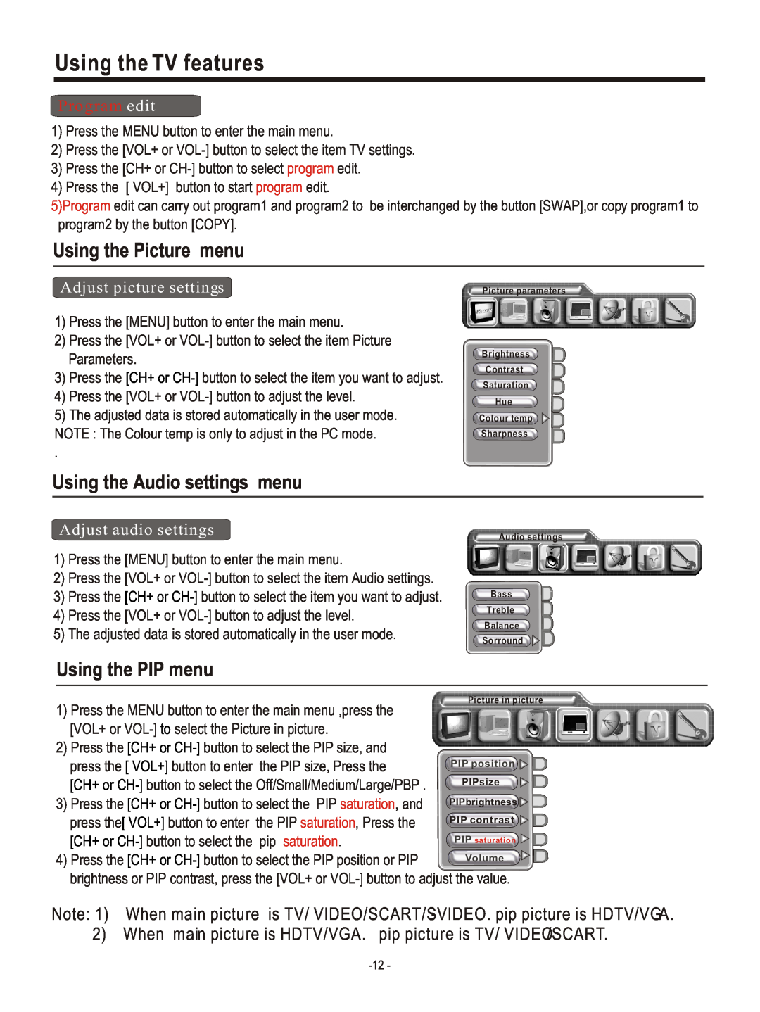 Hisense Group PDP4220EU user manual Using the Picture menu, Using the Audio settings menu, Using the PIP menu, Program edit 
