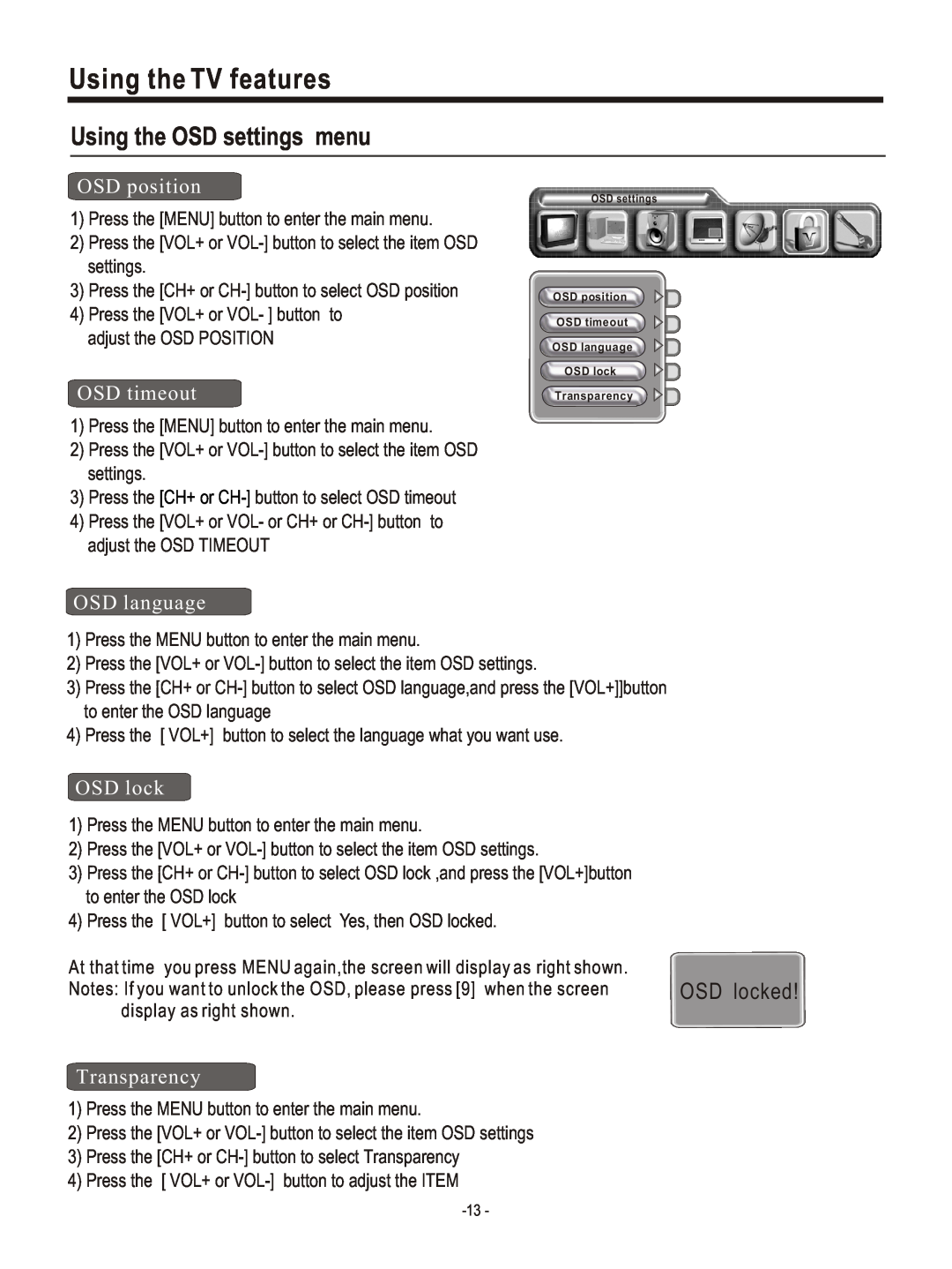 Hisense Group PDP4220EU user manual Using the TV features, Using the OSD settings menu, OSD locked 