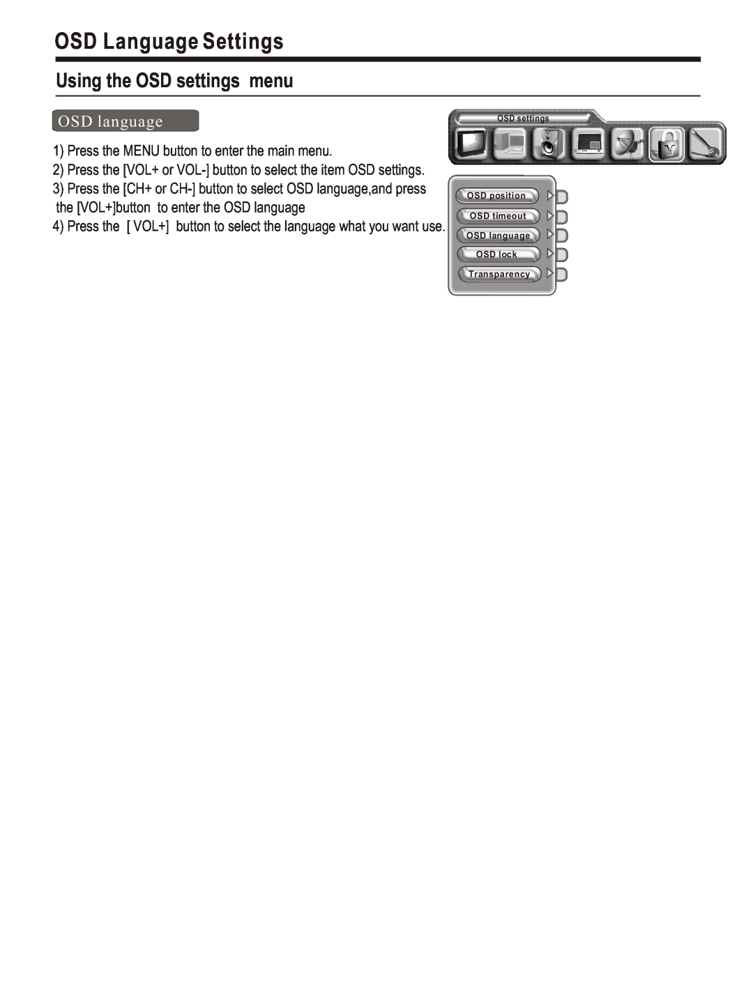Hisense Group PDP4220EU user manual OSD Language Settings, Using the OSD settings menu 