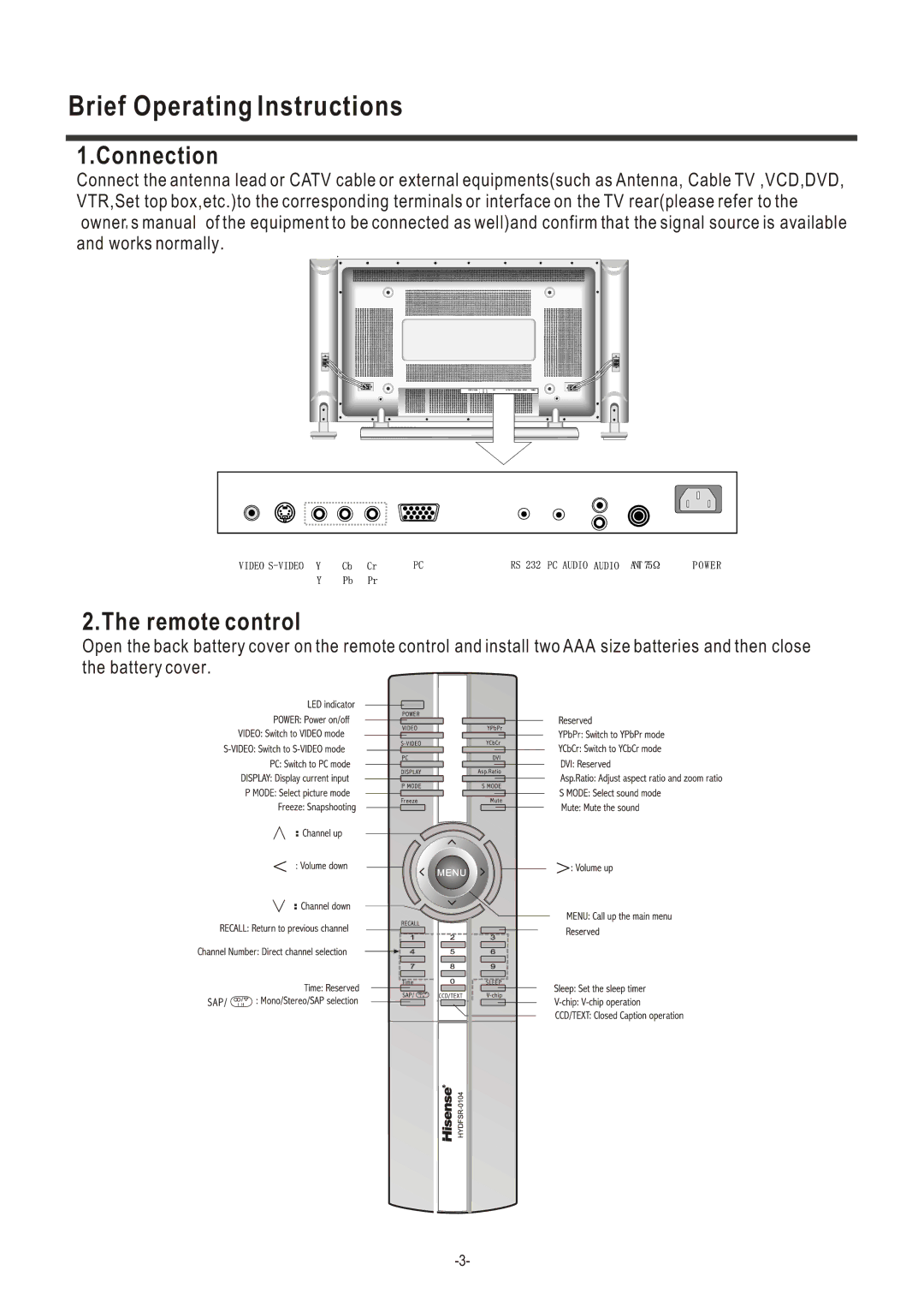 Hisense Group TA42P40M user manual Brief Operating Instructions, Connection, Remote control 