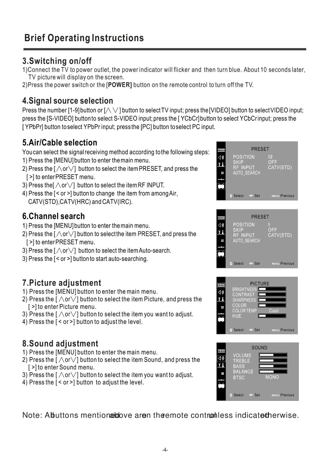 Hisense Group TA42P40M user manual Switching on/off, Signal source selection, Picture adjustment, Sound adjustment 