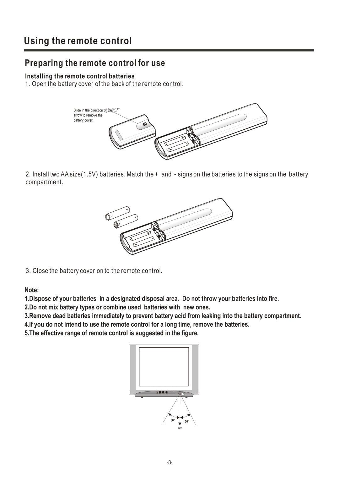 Hisense Group TC14FS68 owner manual Using the remote control, Preparing the remote control for use 