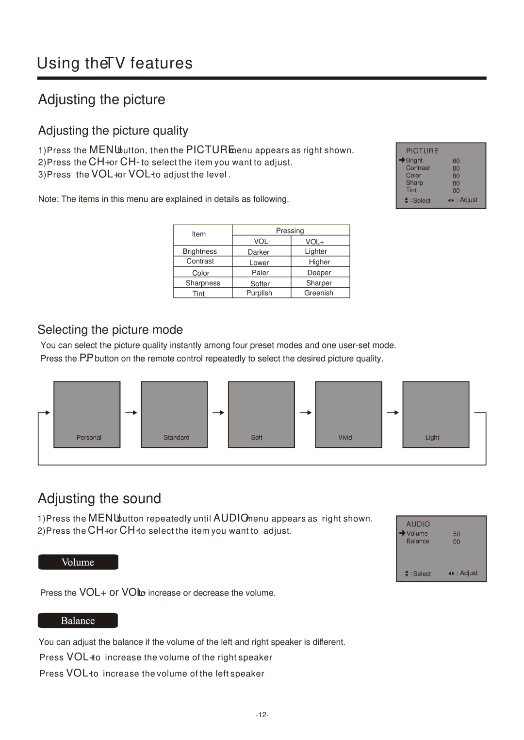 Hisense Group TC14FS68 owner manual Adjusting the picture, Adjusting the sound 