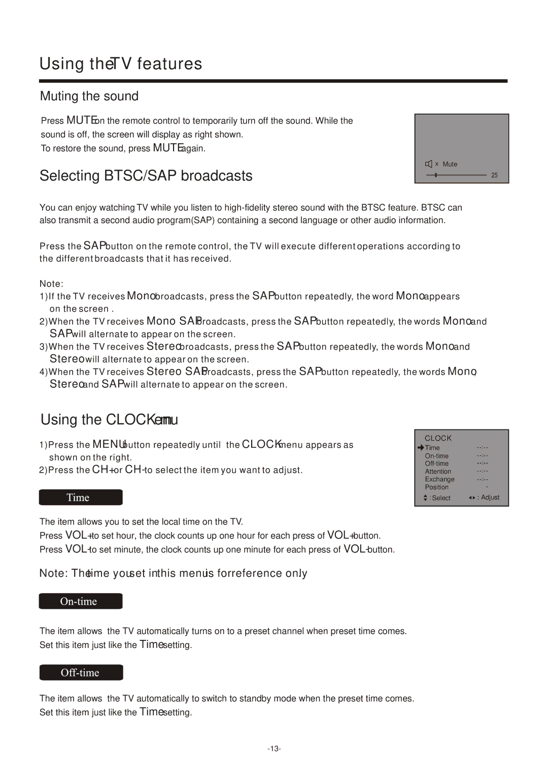 Hisense Group TC14FS68 owner manual Selecting BTSC/SAP broadcasts, Using the Clock menu 