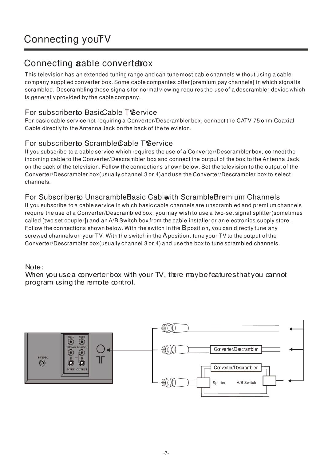 Hisense Group TC14FS68 owner manual Connecting a cable converter box, For subscribers to Basic Cable TV Service 