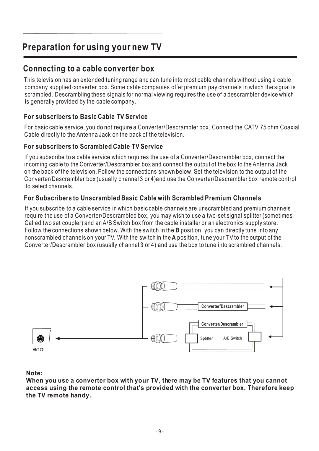 Hisense Group TL 2020 user manual Preparation for using your new TV, Connecting to a cable converter box 