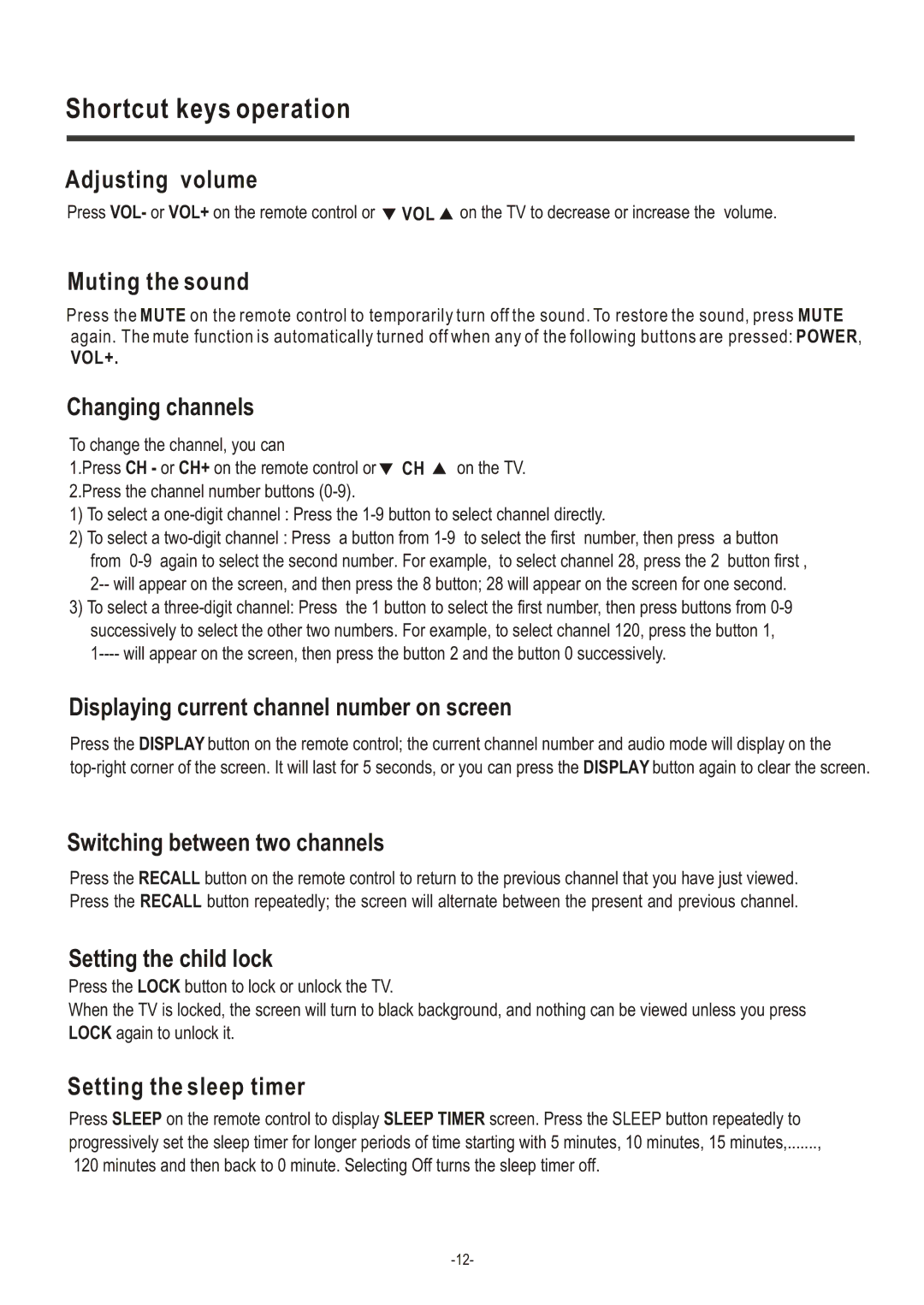 Hisense Group TL 2020 Adjusting volume, Muting the sound, Changing channels, Displaying current channel number on screen 