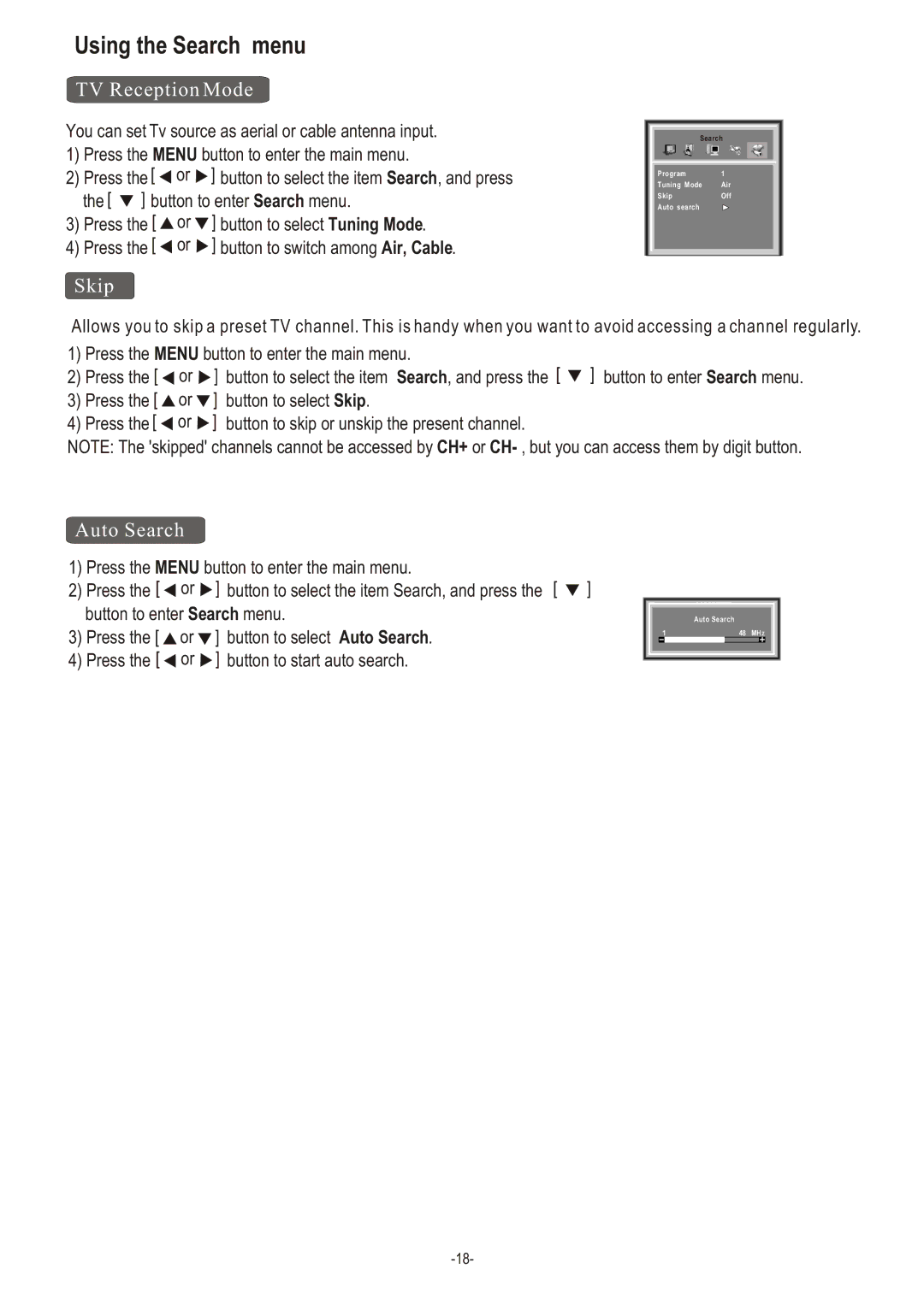 Hisense Group TL 2020 user manual Using the Search menu, TV Reception Mode, Skip, Auto Search 