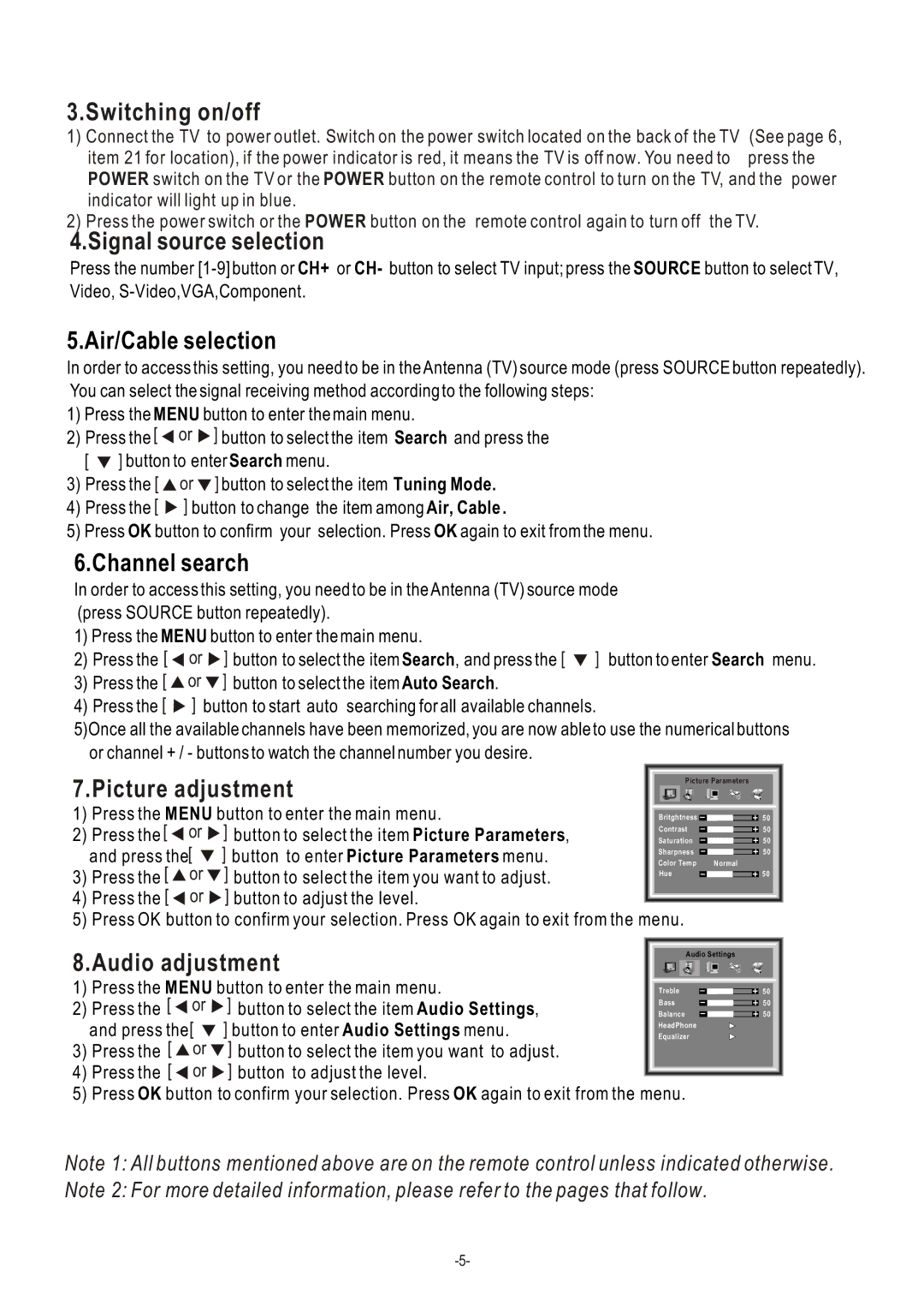 Hisense Group TL 2020 user manual Switching on/off, Signal source selection, Picture adjustment, Audio adjustment 