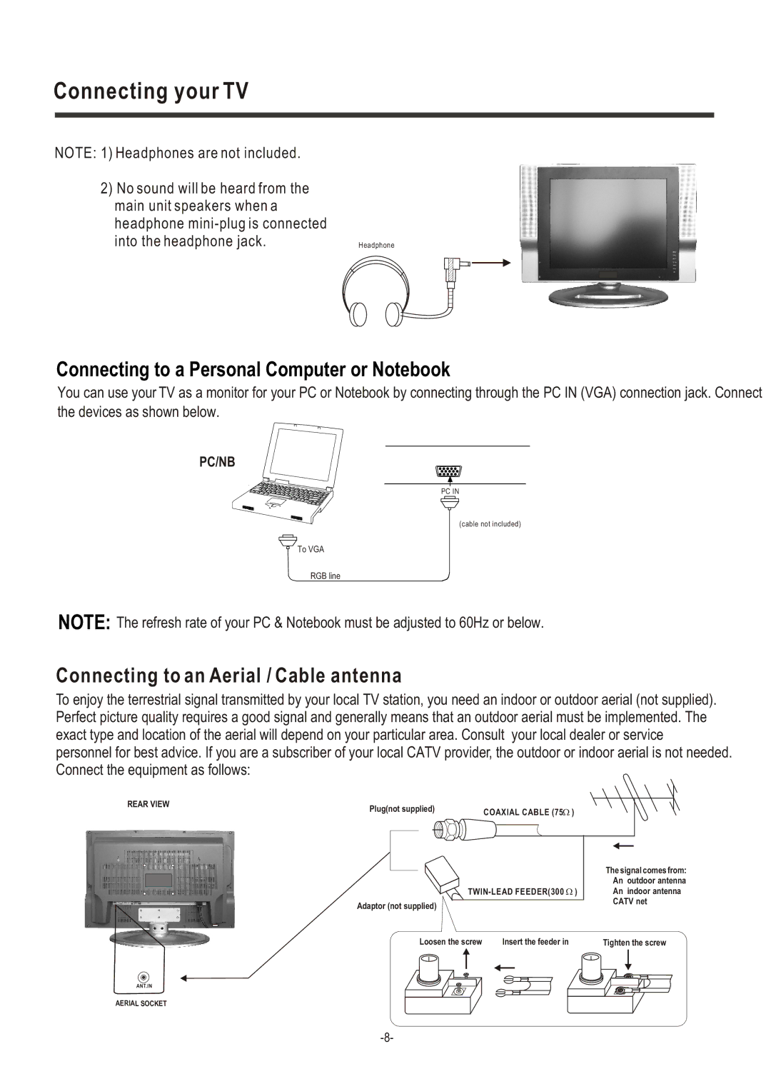 Hisense Group TL 2020 user manual Connecting to a Personal Computer or Notebook, Connecting to an Aerial / Cable antenna 