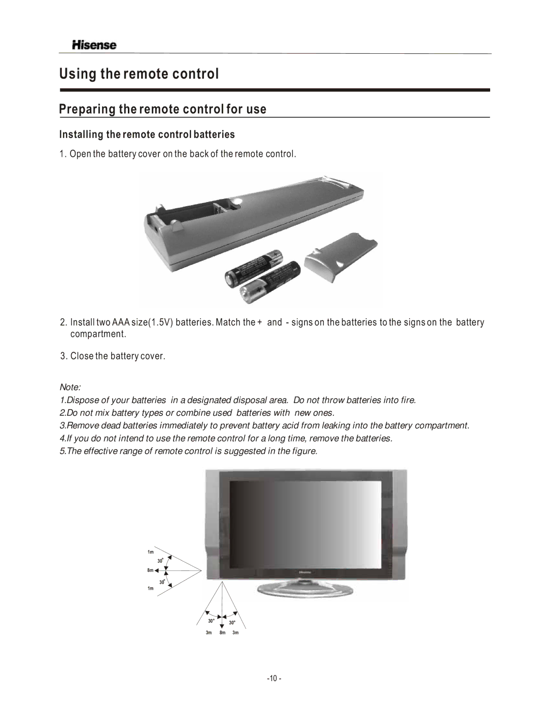 Hisense Group TL3220 user manual Using the remote control, Preparing the remote control for use 