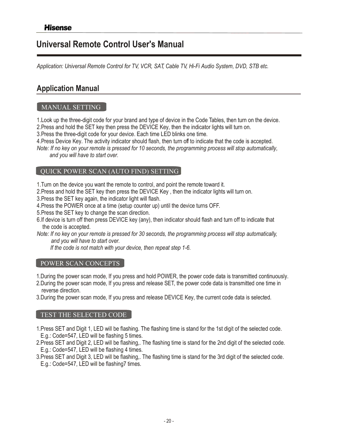 Hisense Group TL3220 Application Manual, Manual Setting, Quick Power Scan Auto Find Setting, Power Scan Concepts 