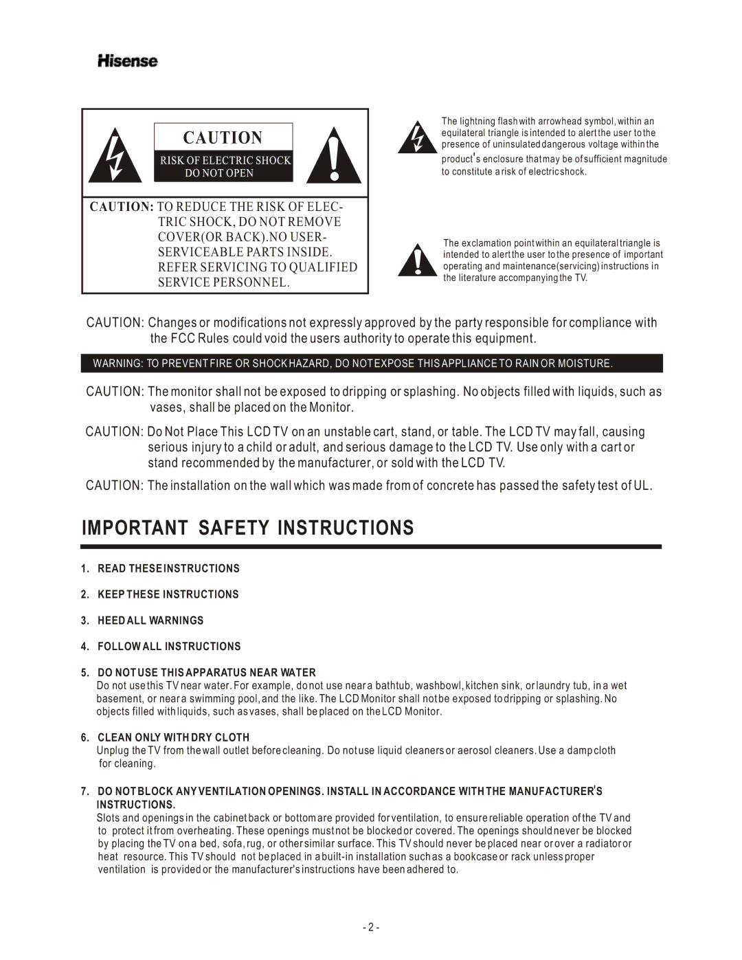 Hisense Group TL3220 user manual Important Safety Instructions 