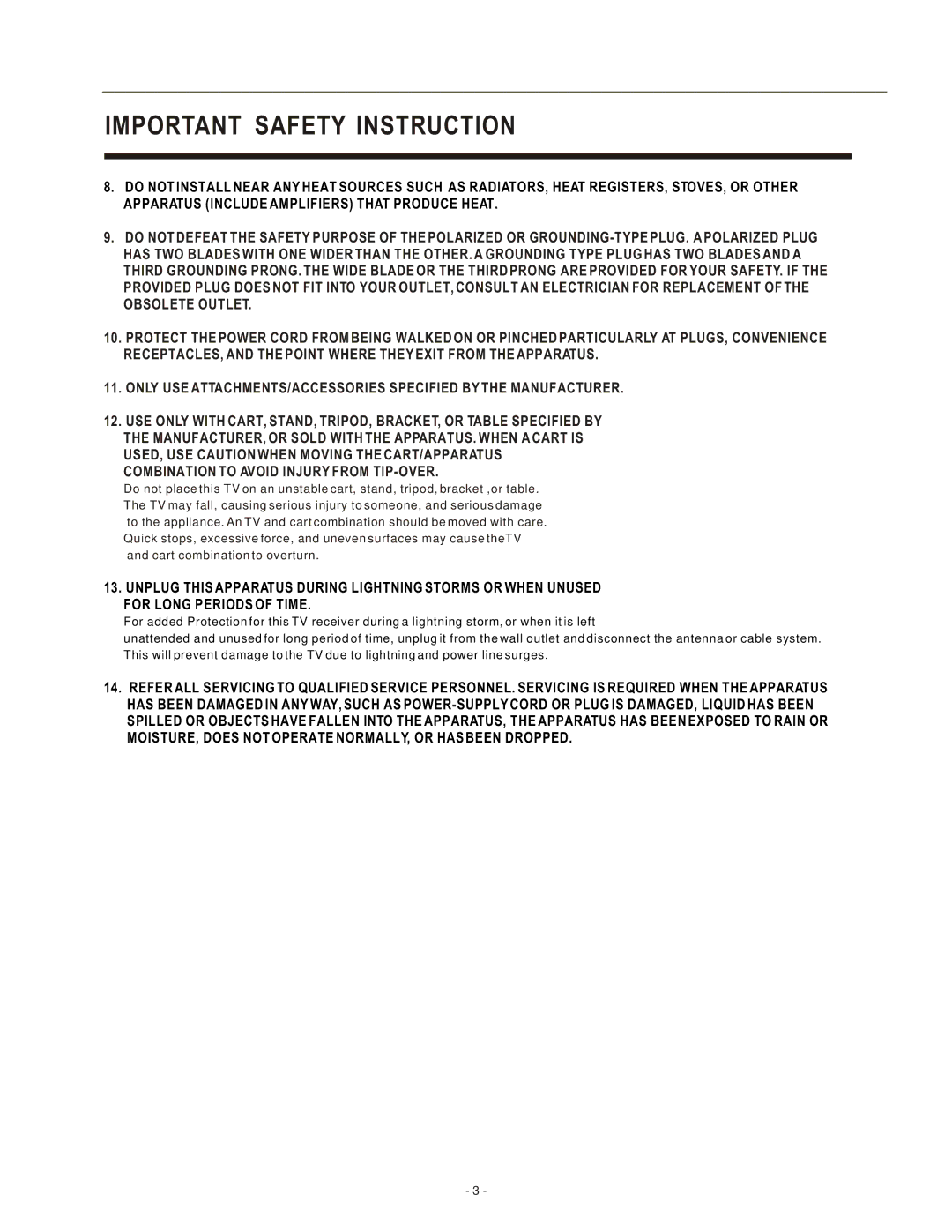 Hisense Group TL3220 user manual Important Safety Instruction 