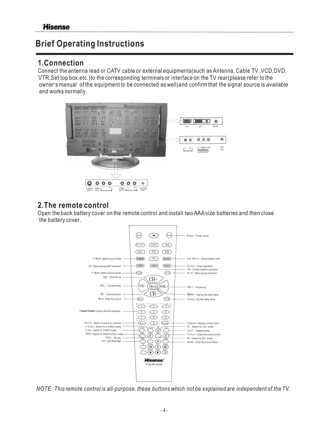 Hisense Group TL3220 user manual Brief Operating Instructions, Connection, Remote control 