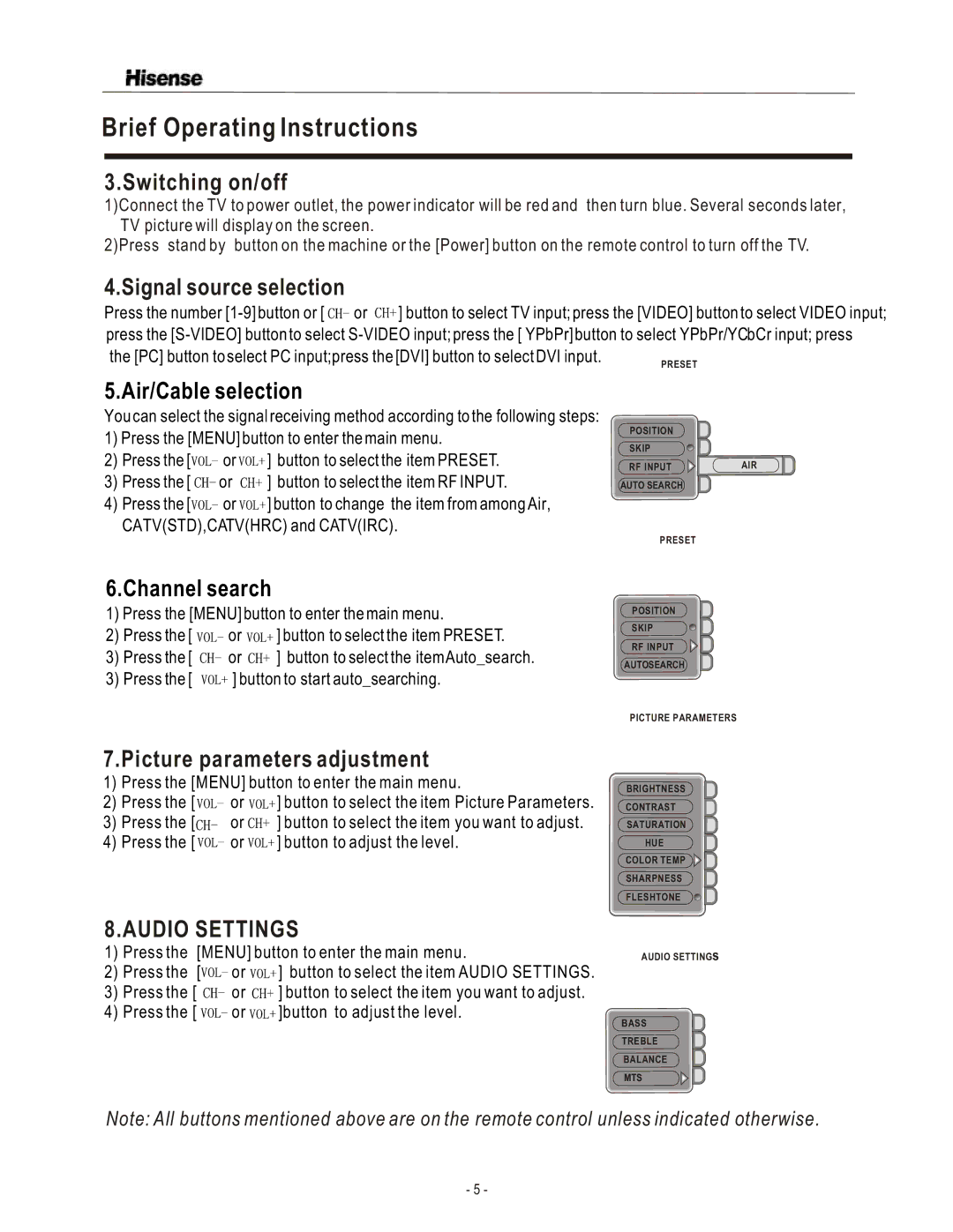 Hisense Group TL3220 user manual Switching on/off, Signal source selection, Picture parameters adjustment 