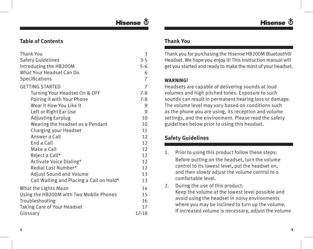 Hisense HB200M manual Table of Contents, Thank you, Safety guidelines 