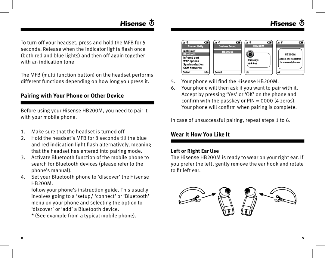 Hisense HB200M manual Pairing with your phone or other device, Wear it how you like it, Left or Right Ear Use 