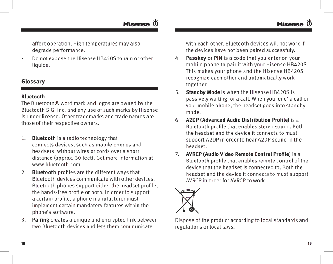 Hisense HB420S manual Glossary, Bluetooth 