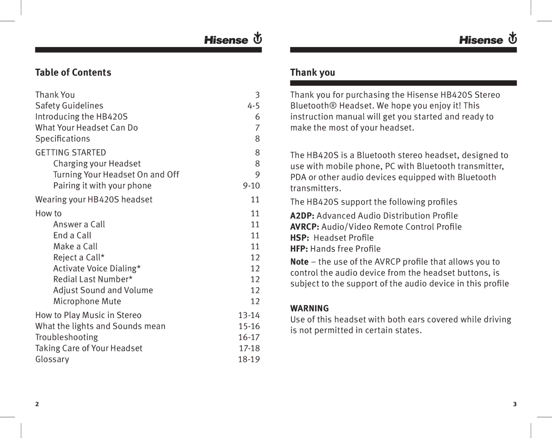 Hisense HB420S manual Table of Contents, Thank you 