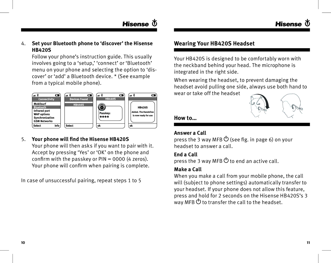 Hisense manual Wearing Your HB420S Headset, How to… 