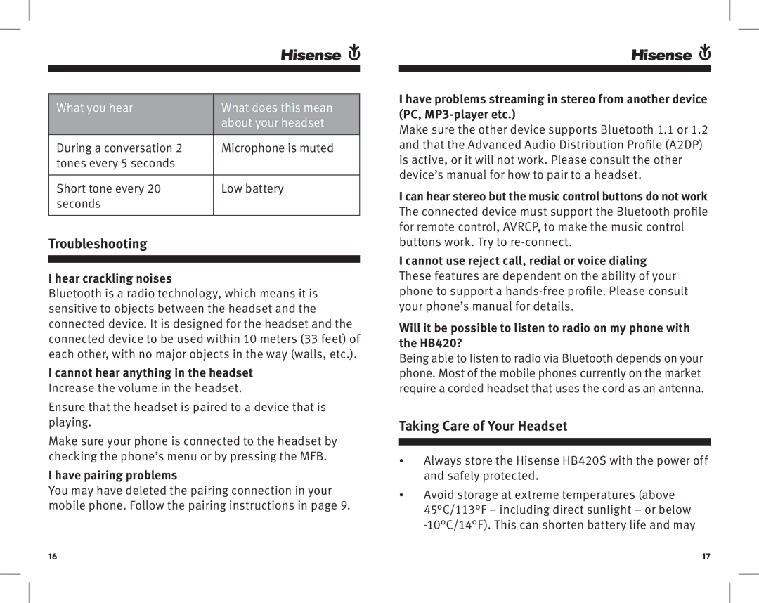 Hisense HB420S Troubleshooting, Taking Care of Your Headset, Hear crackling noises, Cannot hear anything in the headset 