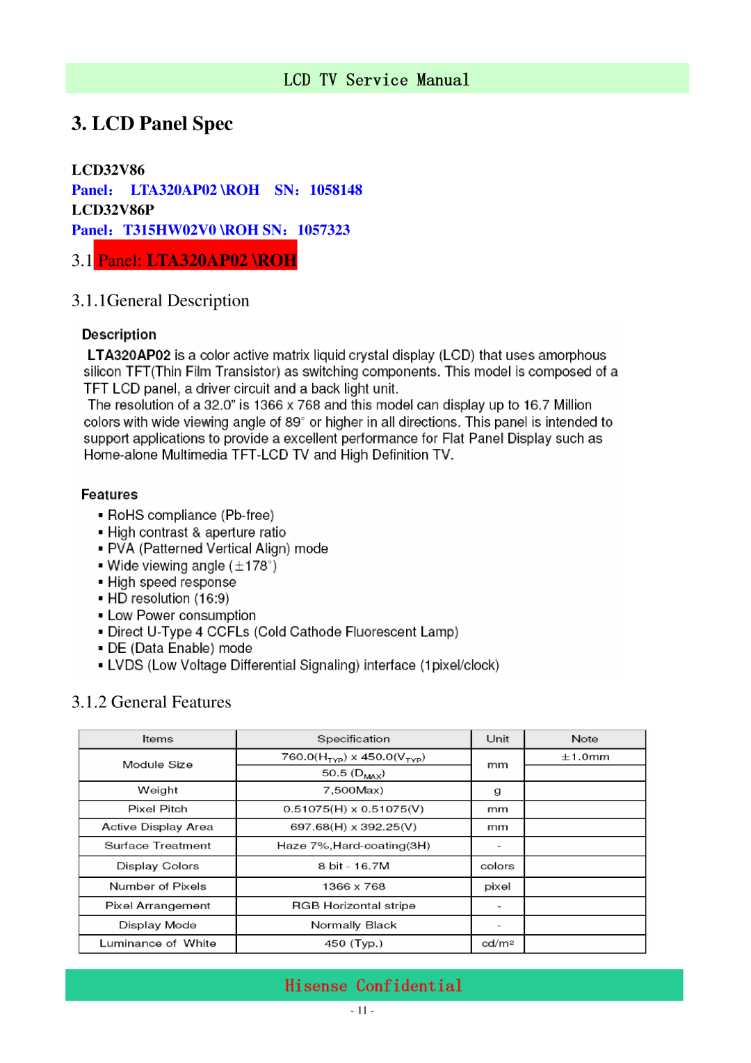 Hisense LCD32V86 service manual LCD Panel Spec 