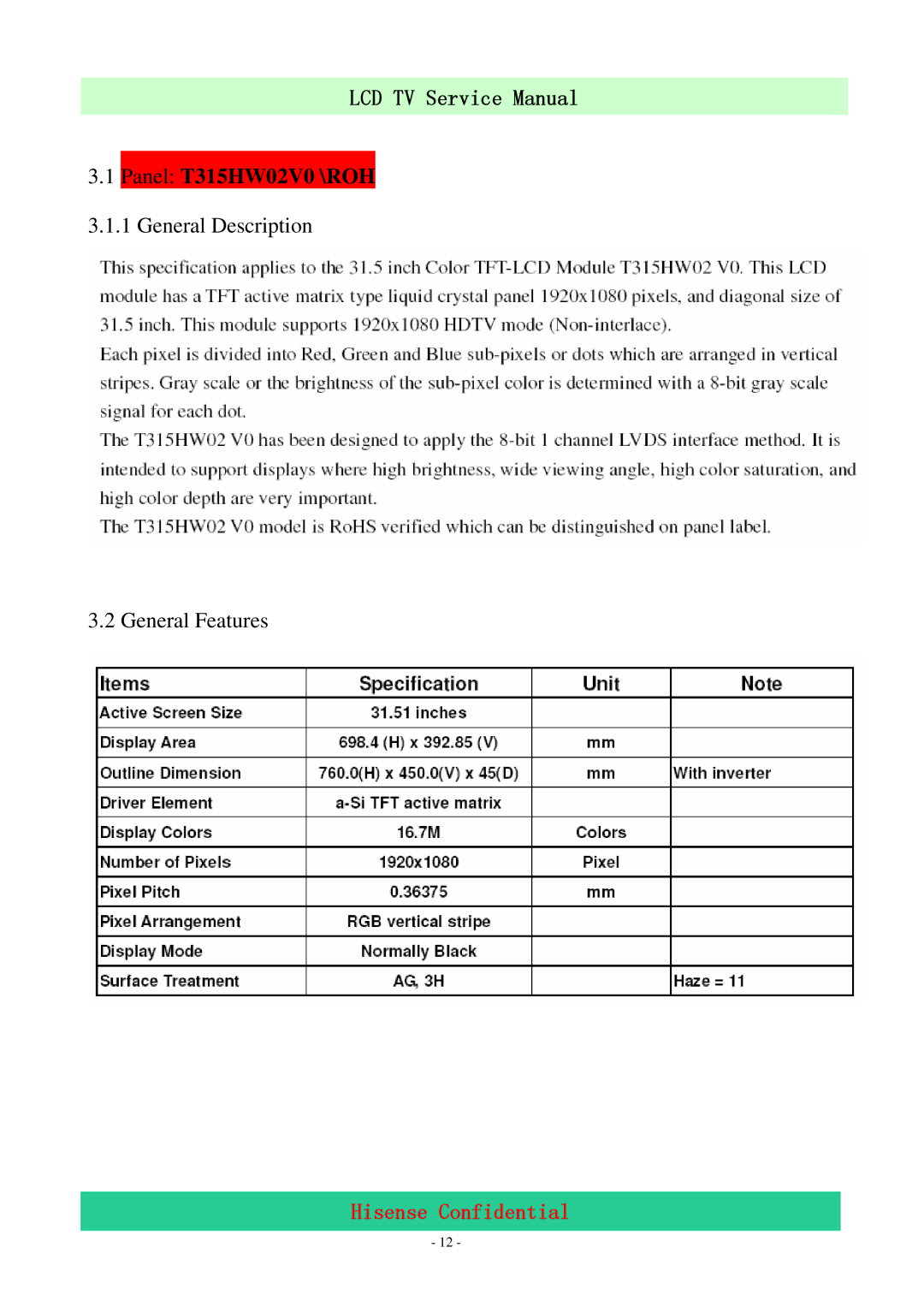 Hisense LCD32V86 service manual Panel T315HW02V0 \ROH 