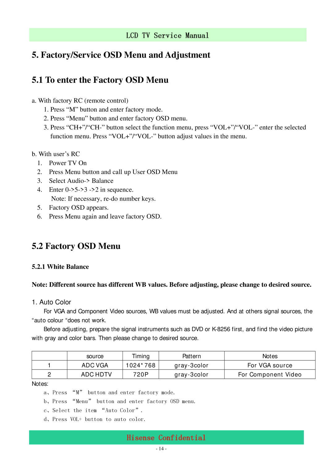 Hisense LCD32V86 service manual Factory OSD Menu, White Balance 