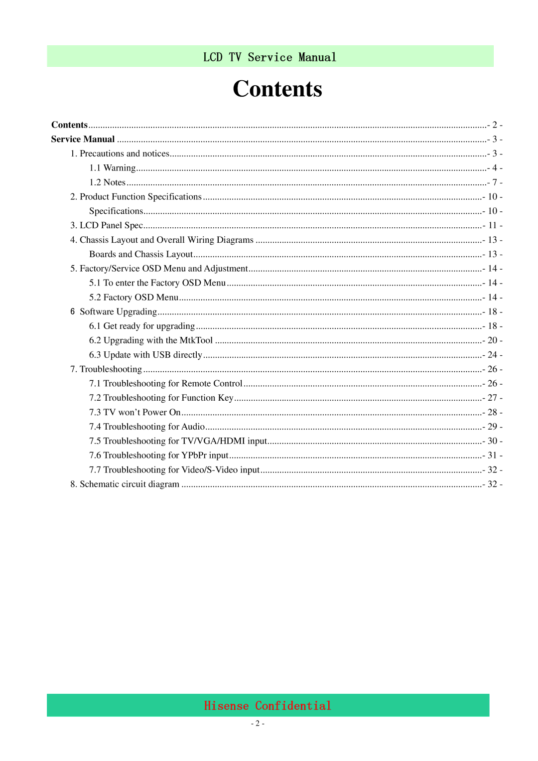 Hisense LCD32V86 service manual Contents 