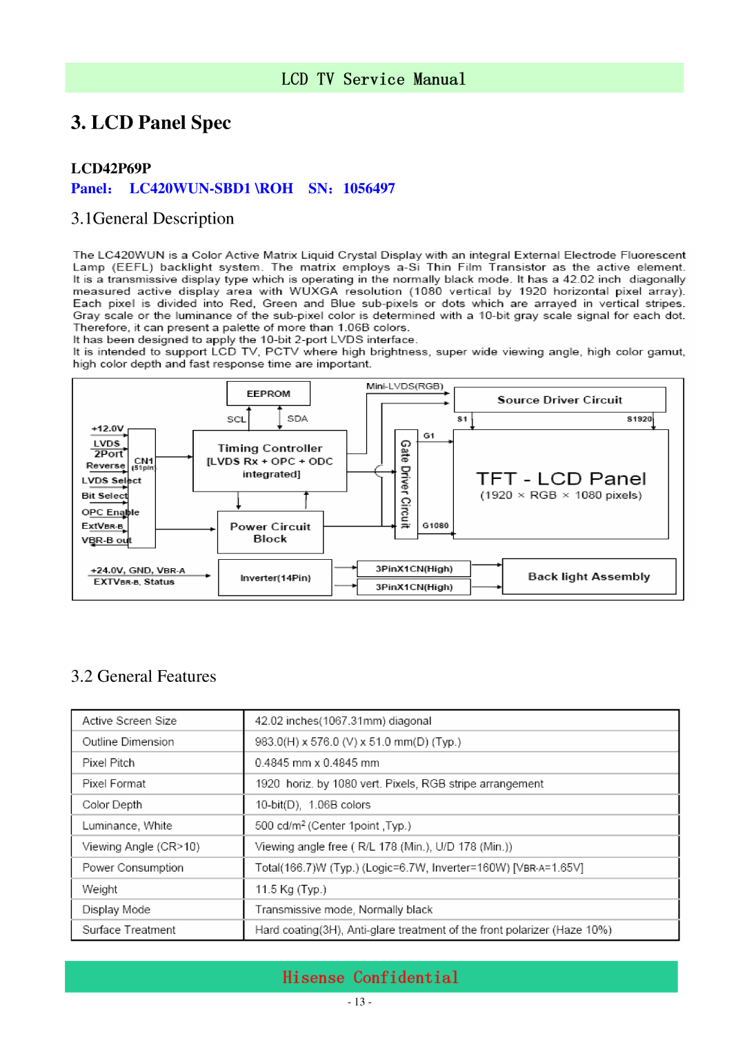 Hisense LCD42P69P, LCD47P69P service manual LCD Panel Spec 