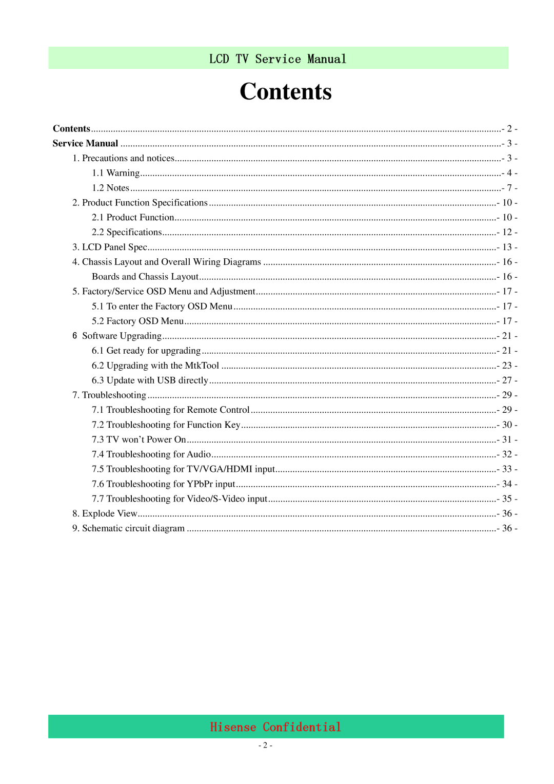 Hisense LCD47P69P, LCD42P69P service manual Contents 