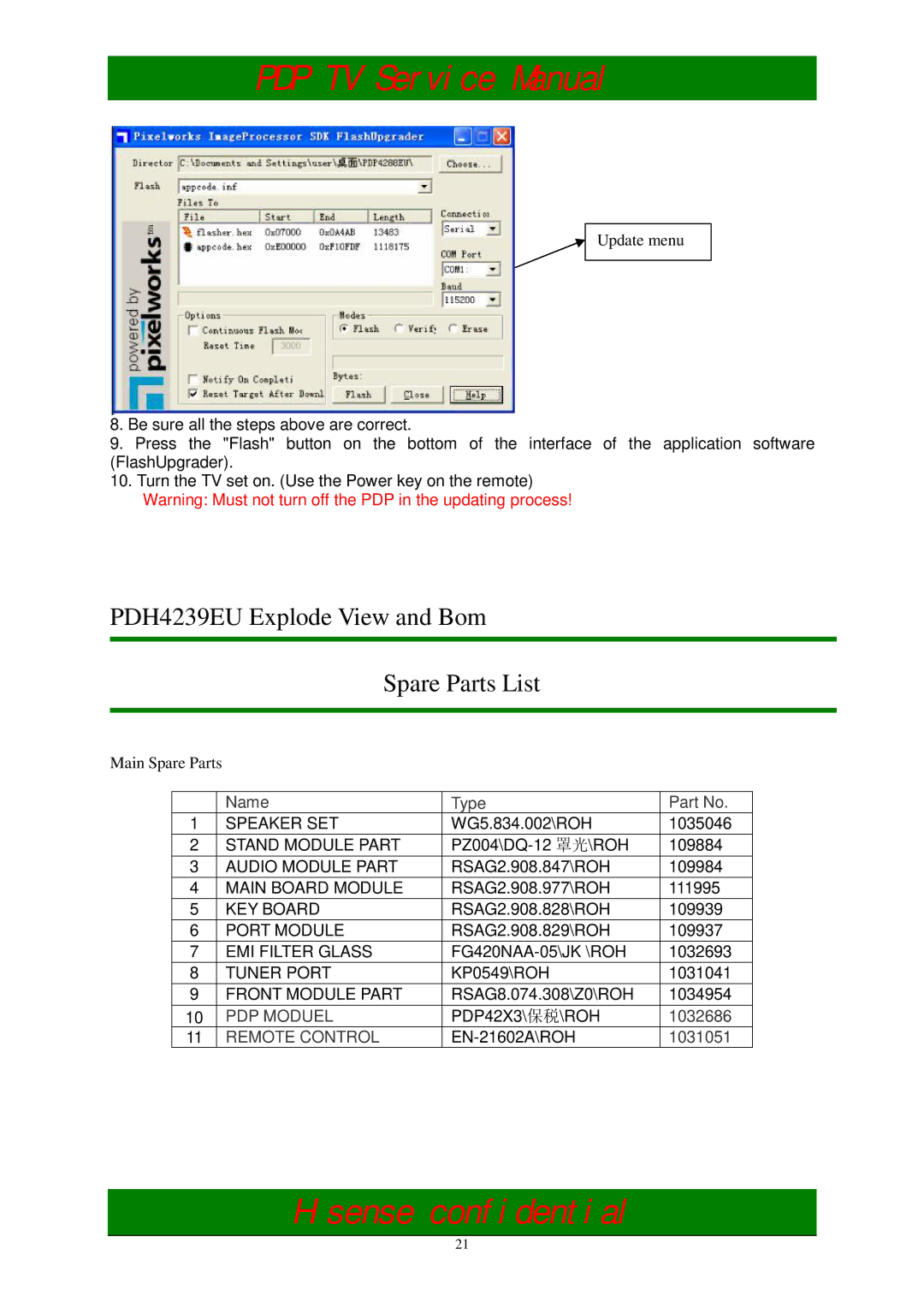 Hisense PDH5039EU service manual PDH4239EU Explode View and Bom Spare Parts List 