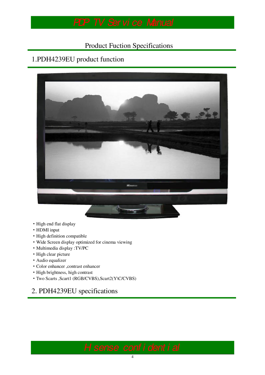 Hisense PDH5039EU service manual Product Fuction Specifications PDH4239EU product function, PDH4239EU specifications 