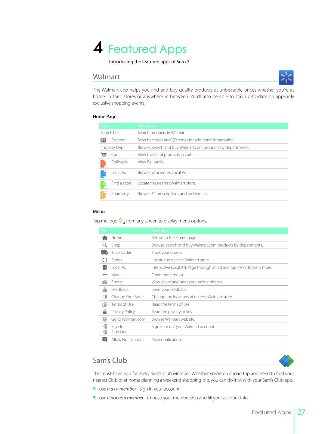 Hisense SERO7, E270BSA user manual Featured Apps, Walmart, Sam’s Club, Introducing the featured apps of Sero 