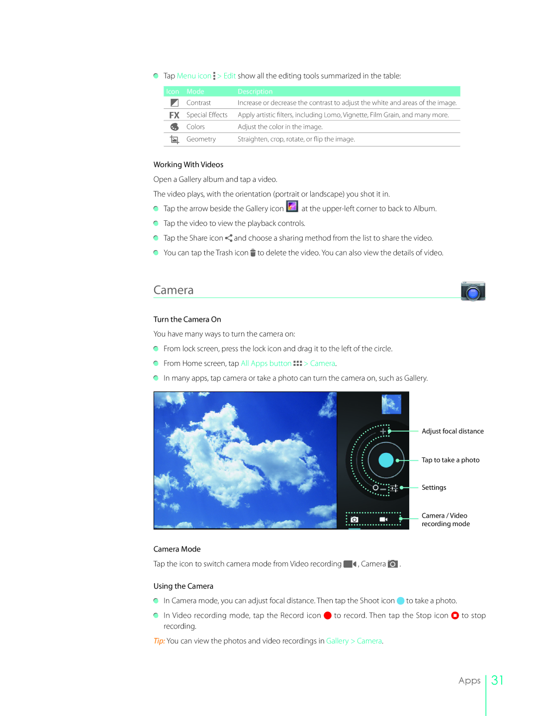 Hisense SERO7, E270BSA user manual Camera, Icon Mode Description 