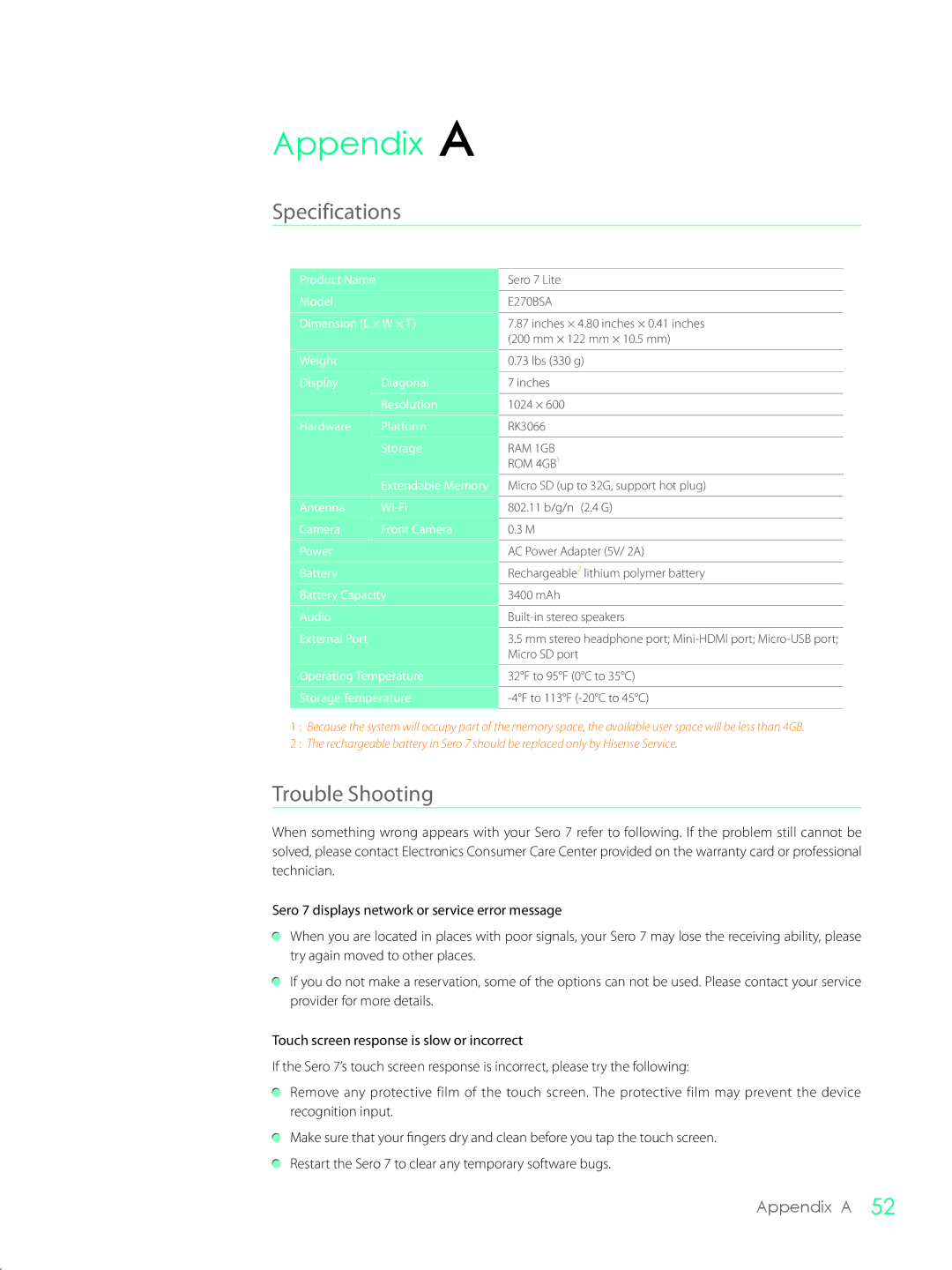 Hisense E270BSA, SERO7 user manual Appendix a, Specifications, Trouble Shooting 