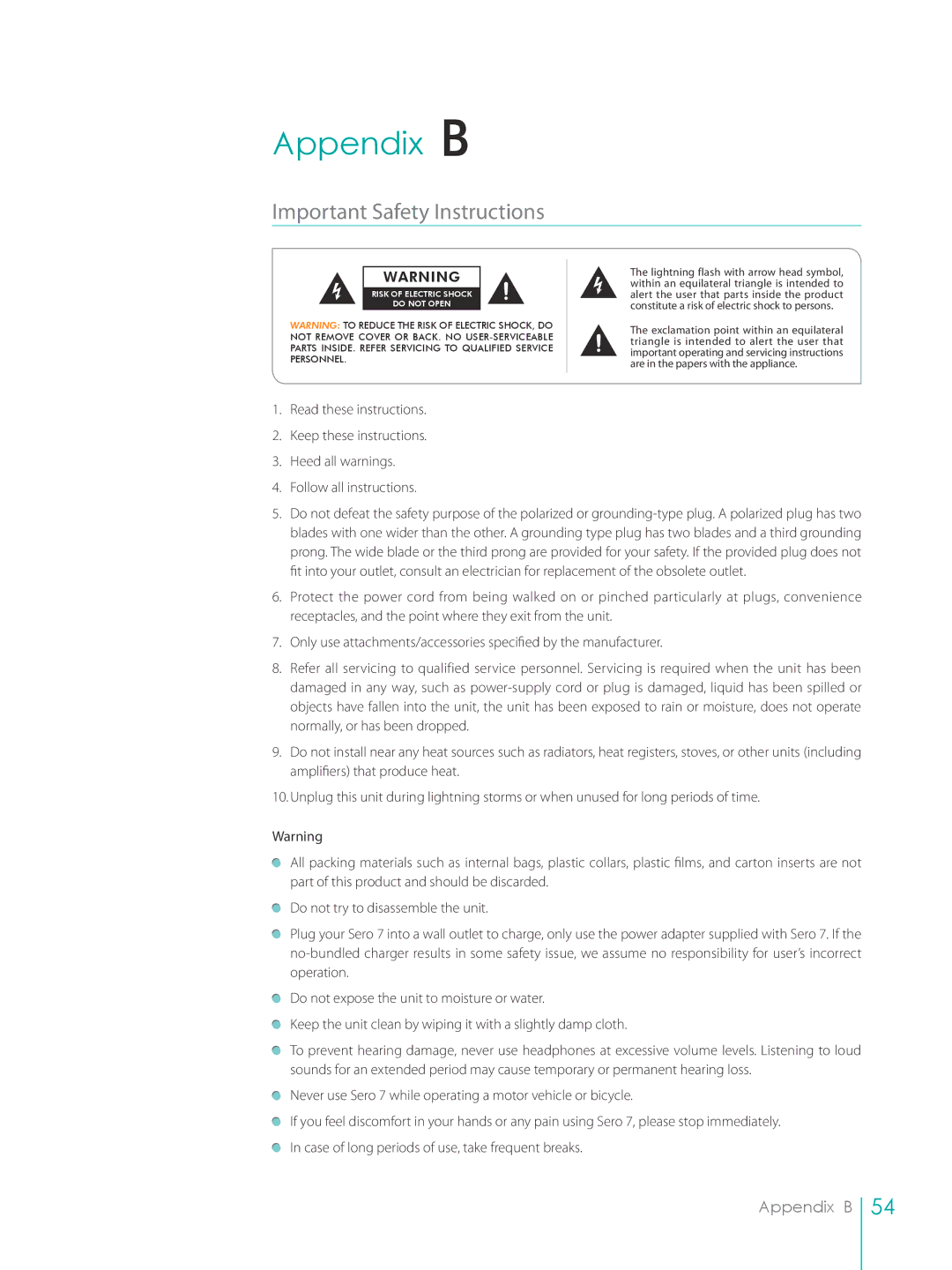 Hisense E270BSA, SERO7 user manual Appendix B, Important Safety Instructions 